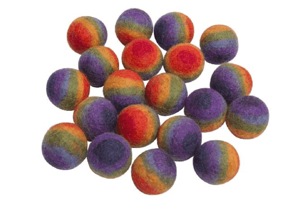 Papoose felt rainbow balls, felt balls, wool felt balls in a rainbow of colours, 3.5cm, natural felt pom poms, natural pom poms, fairtrade pom poms, wool pom poms, large pom poms, toddler safe pom poms, Toronto, Canada
