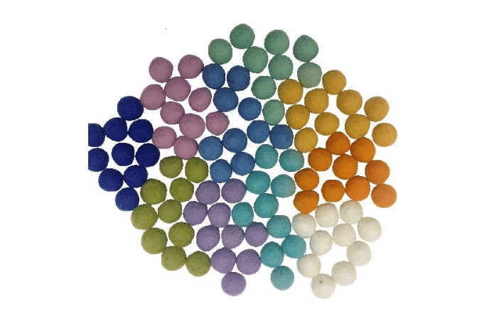 Papoose Felt Spring Balls (1.5cm, 100 Balls) - The Montessori Room, Toronto, Ontario, Canada, Montessori materials, Montessori toys, loose parts, open ended play, wool pom poms, transfer activities, Montessori shelf work