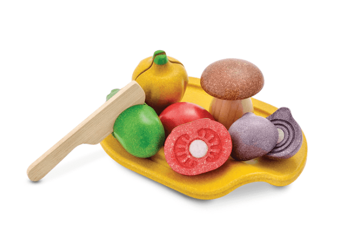 Assorted Vegetables Set, Plan Toys, wooden vegetables cutting set, pretend play, wooden food, play kitchen accessories, Plan Toys, cutting toys, The Montessori Room, Toronto, Ontario, Canada, imaginative play, best toys for 18 month old