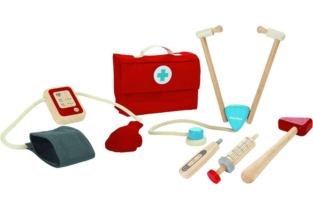 PlanToys Doctor Dr. Set with Wooden Stethoscope (3451) | Sustainably Made from Rubberwood and Non-Toxic Paints and Dyes, wooden doctor set, doctor kit, plan toys, wooden toys canada, best doctor set for kids, best toys for 3 year olds, best toys for 4 year olds, best toys for 5 year olds, Toronto, Canada, where to buy plan toys toronto, store