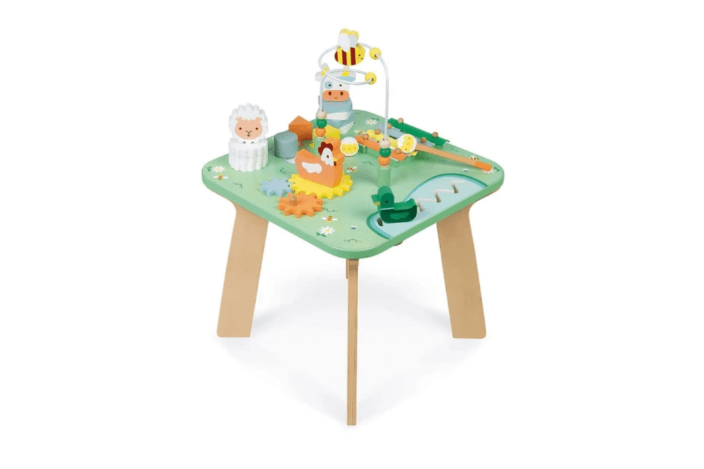Pretty Meadow Activity Table, Janod, 12 months and up, multi-activity table for kids, wooden activity table, 7 activities in one, best toys for a 1 year old, The Montessori Room, Toronto, Ontario, Canada. 