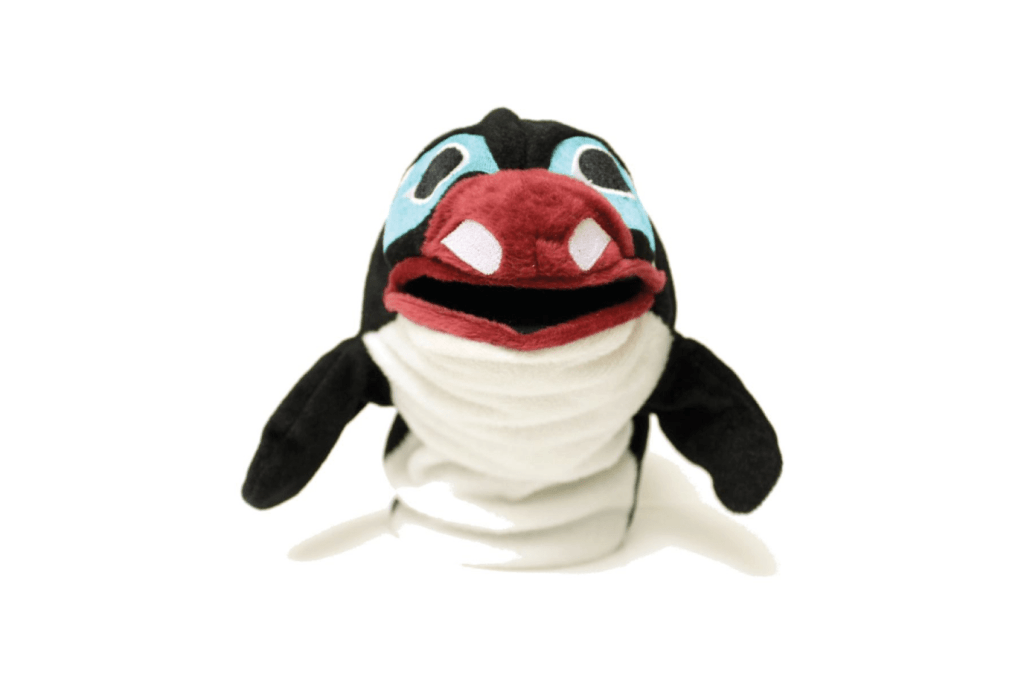 Puppet - Splash the Orca by Chris Kewistep, hand puppet, Canadian Indigenous artist, toys by Indigenous artists, hand puppets for circle time, hand puppets for story time, language toys, imaginative play, creativity.