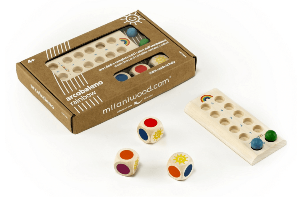 Rainbow Game by Milaniwood, Milaniwood games, wooden games, games for 4 year olds, best games for 4 year olds, dice game, Milaniwood, The Montessori Room, Toronto, Ontario, Canada