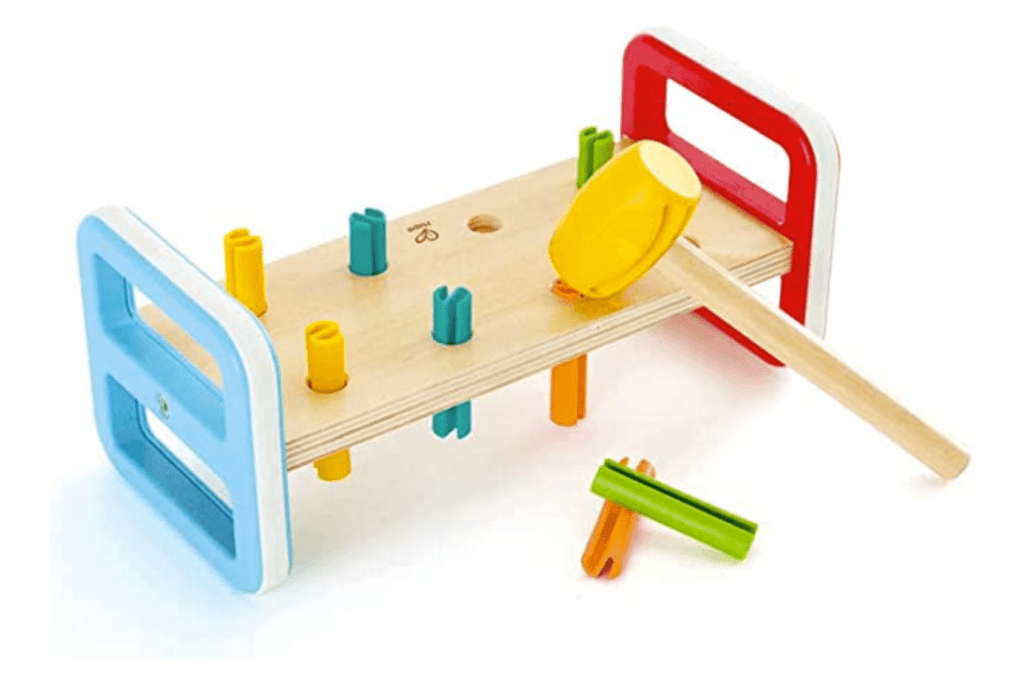 Hape Rainbow Pounder| Pounding Bench Wooden Toy with Hammer, Multicolor, pounding bench, hammer bench, hape, best toddler toys, best toys for a one year old, Montessori toys for a one year old, Toronto, Canada