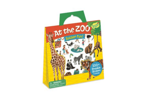 Reusable Sticker Activity Set - At the Zoo by Peaceable Kingdom, 2 fold out scenes, 100+ reusable stickers, storage tote, perfect travel toy for children 3 years and up, develops fine motor skills, hand-eye coordination, imaginative play, independent play, The Montessori Room, Toronto, Ontario, Canada.