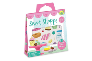 Reusable Sticker Activity Set - Sweet Shoppe by Peaceable Kingdom, 2 fold out scenes, 85 reusable cling stickers, storage tote, perfect travel toy for children 3 years and up, develops fine motor skills, hand-eye coordination, imaginative play, independent play, The Montessori Room, Toronto, Ontario, Canada. 