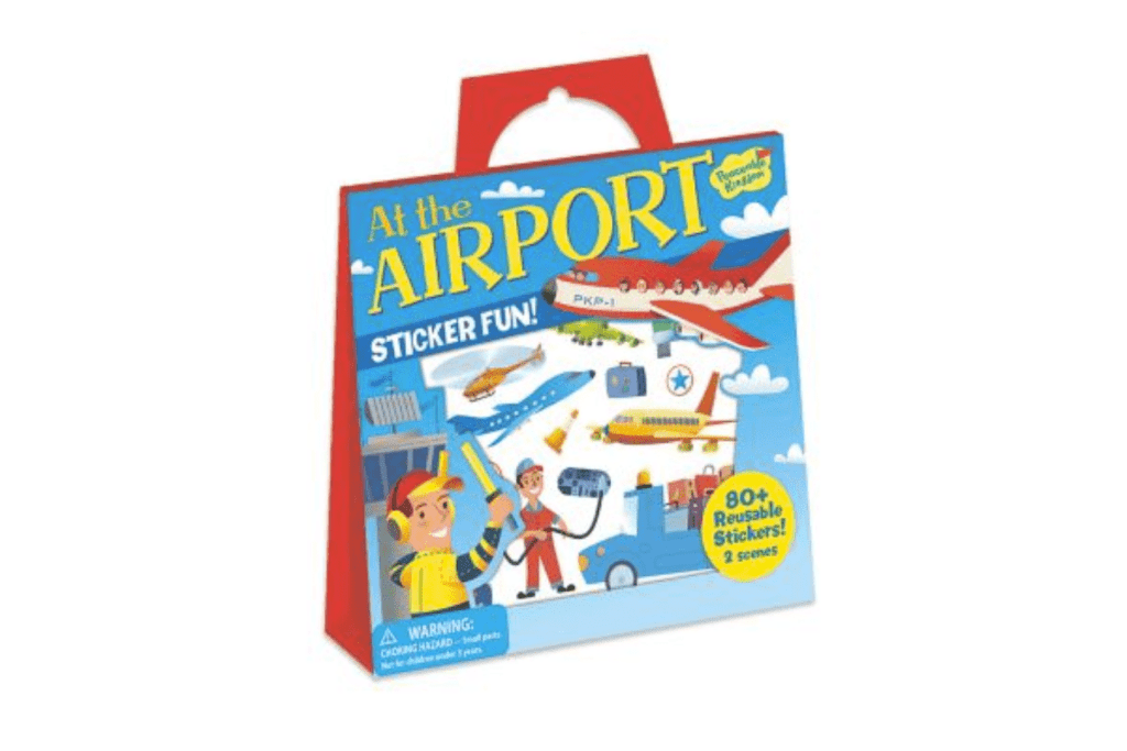 Reusable Sticker Activity Set - At the Airport by Peaceable Kingdom, 2 fold out scenes, 80+ reusable stickers, storage tote, perfect travel toy for children 3 years and up, develops fine motor skills, hand-eye coordination, imaginative play, independent play, The Montessori Room, Toronto, Ontario, Canada.