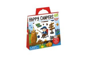 Reusable Sticker Activity Set - Happy Campers by Peaceable Kingdom, 2 fold out scenes, 78 reusable stickers, storage tote, perfect travel toy for children 3 years and up, develops fine motor skills, hand-eye coordination, imaginative play, independent play, The Montessori Room, Toronto, Ontario, Canada.