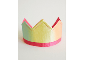 Sarah's Silks Rainbow Crown, imaginative play, dramatic play, costume, birthday celebrations, pretend play, 21 inches in circumference, elastic back, fits most children ages 3 to 9, jacquard silk, hand-painted, silkscreened, reversible, The Montessori Room, Toronto, Ontario, Canada. 