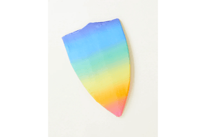 Sarah's Silks Rainbow Shield, imaginative play, 3 years and up, costume, dramatic play, active play, soft but stiff foam, mulberry silk, 15.5 inches in length and 9.5 inches in width, The Montessori Room, Toronto, Ontario, Canada. 