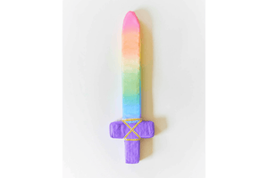 Sarah's Silks Soft Sword - Rainbow, active play, imaginative play, dramatic play, 17 inches in length, stiff but soft foam, jacquard pattern silk, 3 years and up, costume, The Montessori Room, Toronto, Ontario, Canada.