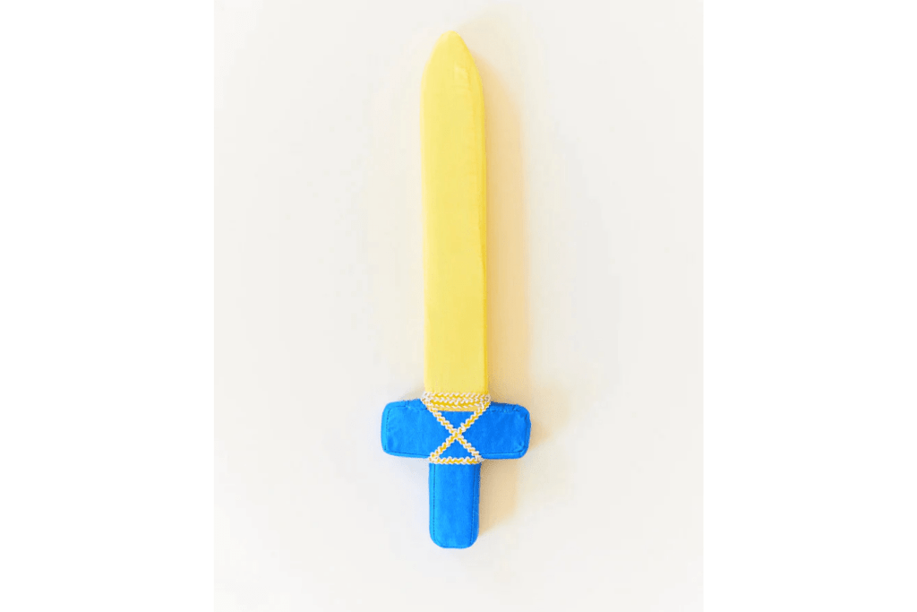 Sarah's Silks Soft Sword - Blue, active play, imaginative play, dramatic play, 17 inches in length, stiff but soft foam, jacquard pattern silk, 3 years and up, costume, The Montessori Room, Toronto, Ontario, Canada.