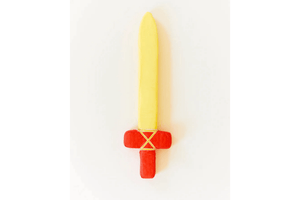 Sarah's Silks Soft Sword - Red, active play, imaginative play, dramatic play, 17 inches in length, stiff but soft foam, jacquard pattern silk, 3 years and up, costume, The Montessori Room, Toronto, Ontario, Canada. 
