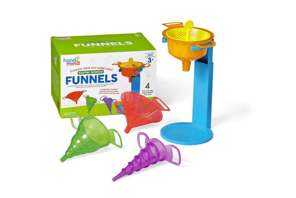 Science Funnel Set by hand2mind, includes 1 Powder funnel with sifter insert, 3 Liquid funnels, 1 Adjustable stand, ages 3 and up, science experiments for kids, Montessori science work, gifts for little scientists, sensory play, The Montessori Room, Toronto, Ontario, Canada. 