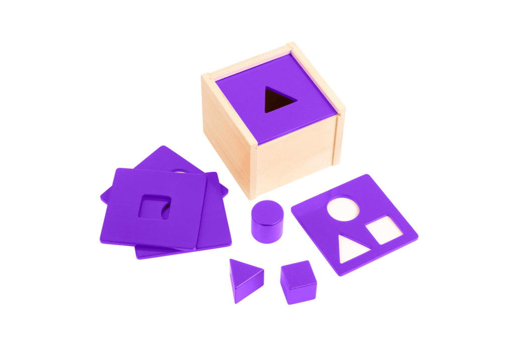 Shape Sorter, The Montessori Room, Toronto, Ontario, shape sorter for toddlers, Montessori Toddler shape sorter, math toys, toys with geometric solids, manipulatives for toddlers, Montessori shelf work, educational toys. 