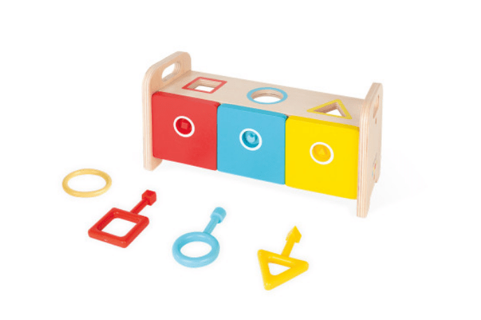 Shape Sorter with Key - The Montessori Room, Janod, Toronto, Ontario, Canada, toys with key, shape sorter, wooden toys, baby toys, toddler toys, sort by colour, sort by shape