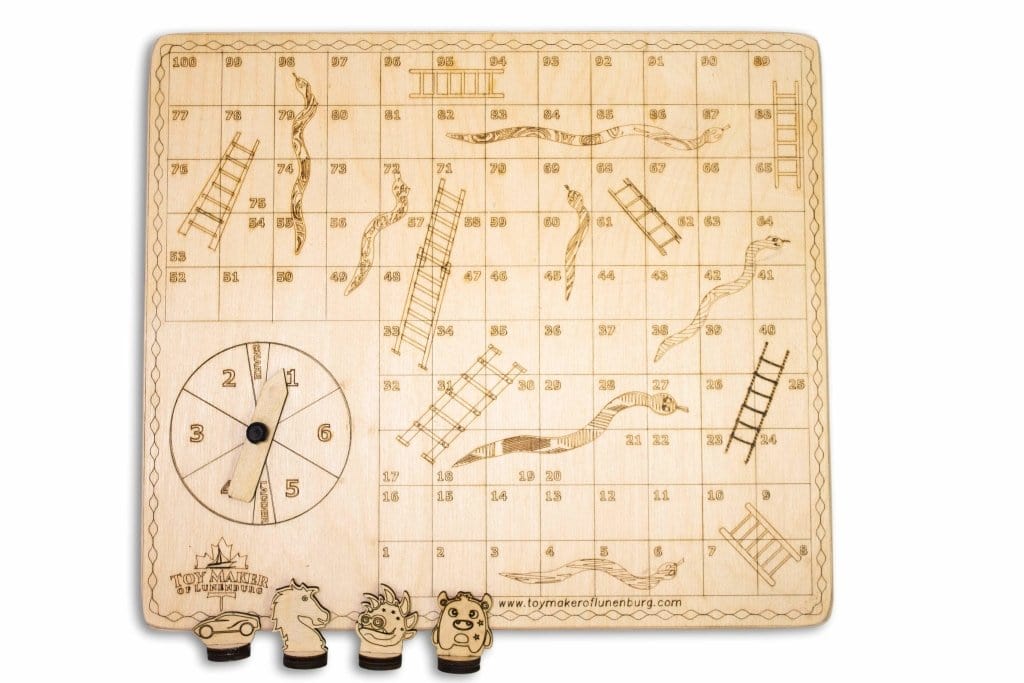 Snakes and Ladders Game - The Montessori Room, Toy Makers of Lunenburg, Toronto, Ontario, Canada, Made in Canada, wooden games, wooden board games, wooden snakes and ladders, beautiful toys, timeless toys