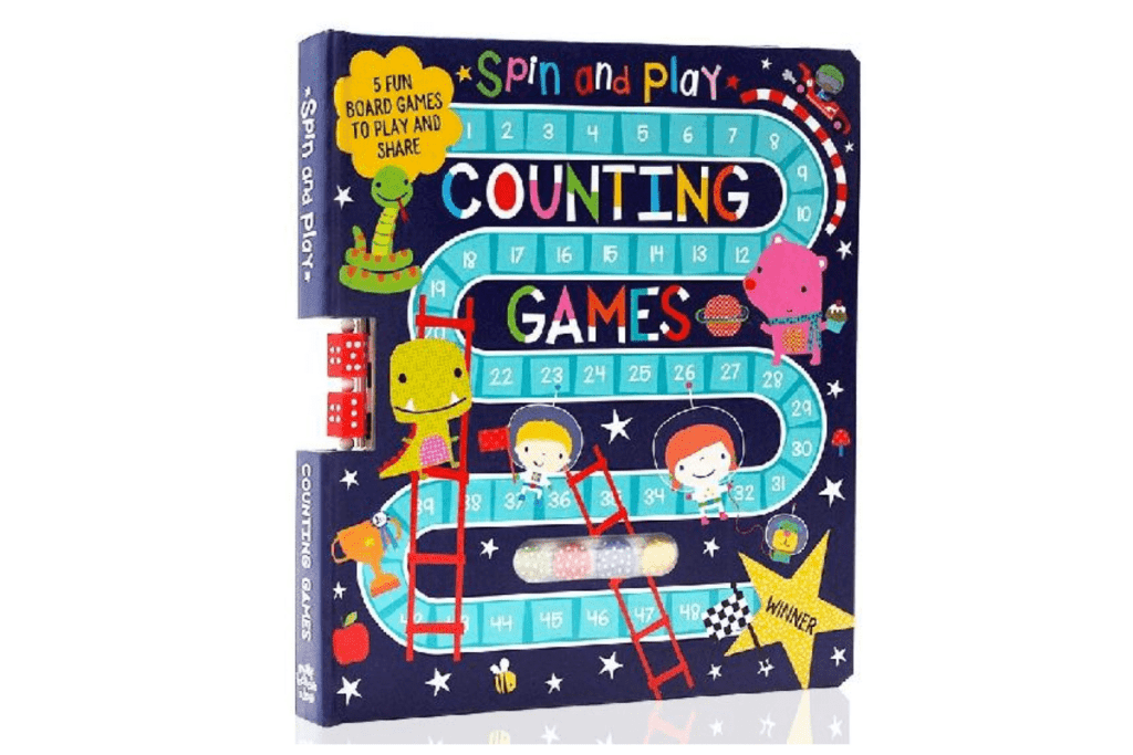 best travel toys for 5 year olds, 6 year old, 7 year old, 8 year olds, best travel games, travel activities for kids, Snakes and Ladders, travel board games, best games for road trips, best activities for plane rides, Toronto, Canada, Spin and Play Counting Games HC By Dawn Machell., Make Believe Ideas