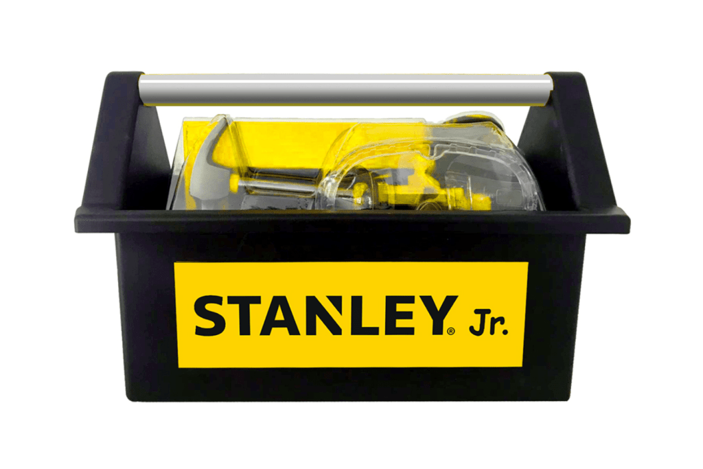 Stanley Jr. 5 Piece Tool Set and Tool Box, children's tools, children's toolbox, children's hammer, children's tape measure, children's screwdriver, children's work goggles, children's metal tools, real tools for children, best gifts for kids, construction tools, The Montessori Room, Toronto, Ontario, Canada, Stanley Jr., K.I.D. Toys Inc