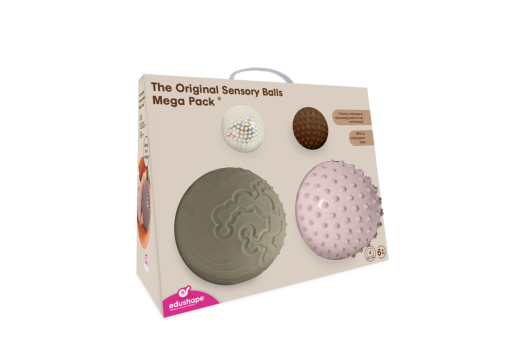 The Original Sensory Balls Mega Pack by Edushape, balls for infants and toddlers, 6 months and up, includes 2 x 7" sensory balls and 2 x 4” sensory balls, develops fine motor skills and gross motor skills, tactile perception, spatial relations, Montessori sensory balls, The Montessori Room, Toronto, Ontario, Canada. Best baby registry gifts, best gifts for new baby, gifts for new parents. 