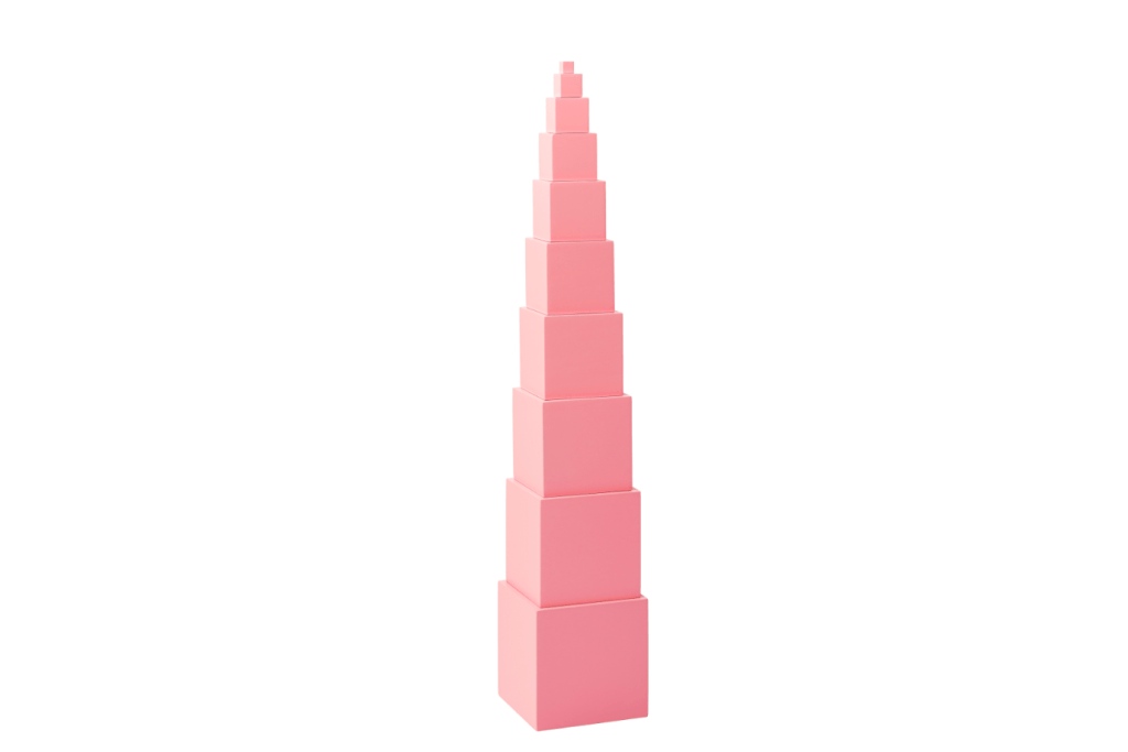 The Pink Tower, Montessori Sensorial Material, Casa Classroom materials, Primary classroom materials, Montessori material that develops visual discrimination skills, algebraic series of the third power, preparation for understanding geometry, preparation for understanding volume, preparation for understanding decimal system, iconic Montessori material, symbol of Montessori, AMI approved, The Montessori Room, Toronto, Ontario.