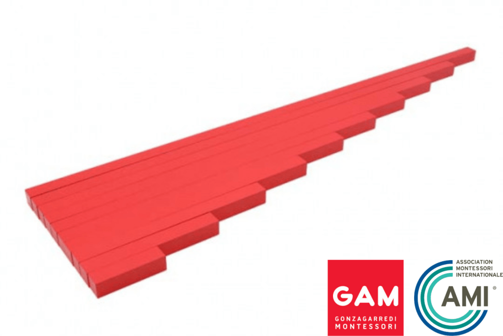 The Red Rods, Montessori classroom materials, Montessori Sensorial Material for Casa, Montessori Sensorial Material for Primary, develop visual discrimination of length, ten solid wooden rods increasing in length in equal units from 10 cm to 1 meter, made by GAM (Gonzagarredi Montessori) and certified AMI-approved, The Montessori Room, Toronto, Ontario, Canada.