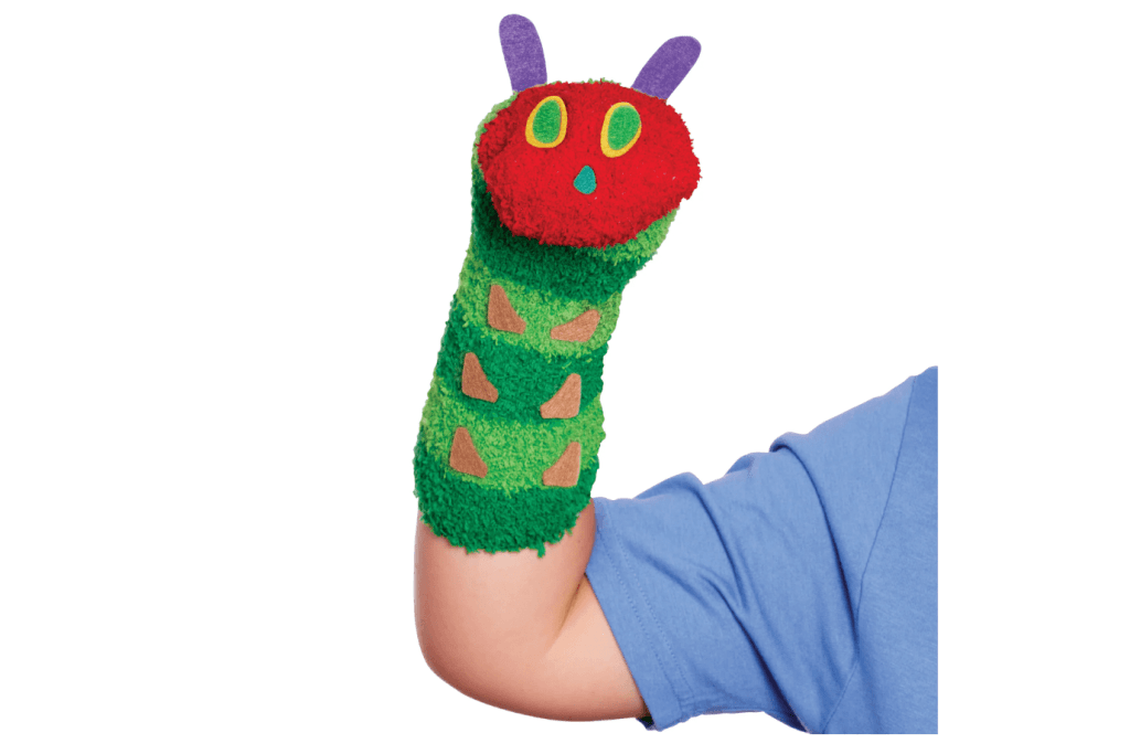 The Very Hungry Caterpillar Story Puppets, Eric Carle, Circle time props, story time props, sock puppets, crafts for 3 year olds, mess-free crafts, toys for language development, imaginative toys, creative toys.
