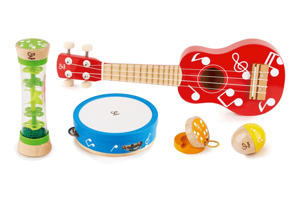 Hape MINI BAND SET, instruments for toddlers, instrument set for kids, children, toddler ukulele, tambourine, castinet, shaker, rainmaker, best instruments for kids, Toronto, Canada