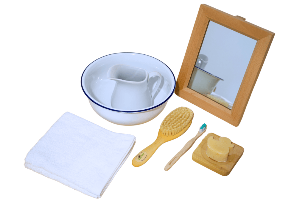 Toddler self care materials, Montessori materials, toddler self care, Montessori shelf work, Montessori pitcher, natural soap for kids, made in Canada, self-standing mirror, Toronto, Ontario, Canada