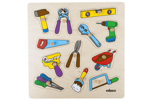 Tools - Knobbed Puzzle, Educo, knobbed puzzle for toddlers, knobbed puzzle for preschoolers, toys for fine motor skills, toys for hand-eye coordination, toys for enriching vocabulary, classroom quality toys, wooden puzzle, The Montessori Room, Toronto, Ontario. 