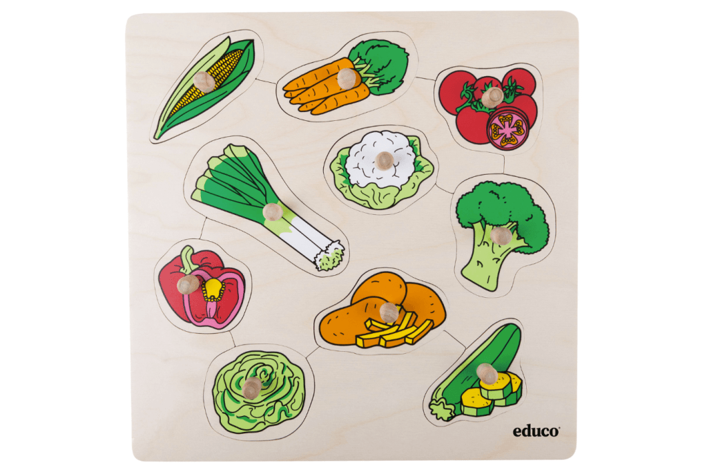 Vegetables - Knobbed Puzzle, Educo, puzzles for toddlers, puzzles for preschoolers, wooden puzzle, enrich vocabulary, develop fine motor skills, develop hand-eye coordination, The Montessori Room, Toronto, Ontario. 