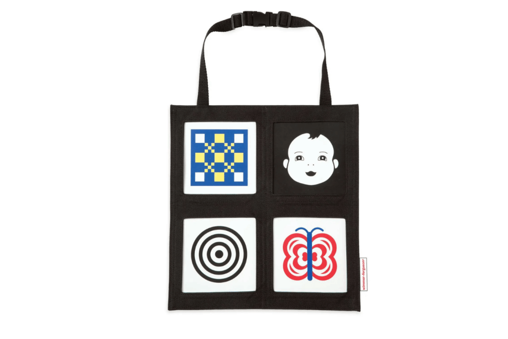 Wimmer-Ferguson Car Seat Gallery, 4 pockets for graphic cards, high contrast cards, visual development, recommended from birth, Manhattan Toy, travel toy, best toys for infants, award-winning baby toy, baby registry, attach to car seat, The Montessori Room, Toronto, Ontario, Canada.