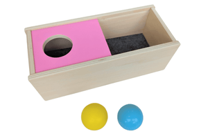 Wooden Box with Sliding Top, Educare, Montessori Infant material, Montessori Toddler material, hand-eye coordination, object permanence, safety rated for 6 months and up, wooden toys for infants and toddlers, Nido materials, The Montessori Room, Toronto, Ontario, Canada, Montessori Subscription Box, Lovevery, The Thinker Play Kit Months 11-12