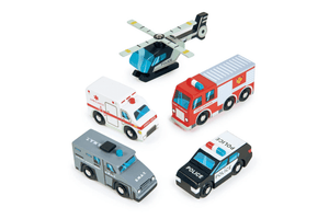 Wooden Emergency Vehicles by Tenderleaf Toys, wooden toys, wooden trucks, realistic looking toys, high quality toys, helicopter, swat car, fire truck, ambulance, police car, pretend play, imaginative play, The Montessori Room, Toronto, Ontario. 