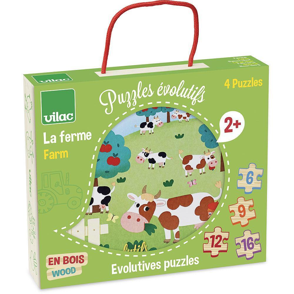 Wooden Vilac Montessori Farm Puzzles - The Montessori Room, wooden puzzles, 4 in 1 puzzles, puzzles for 2 year olds, 6 pc puzzle, 9 pc puzzle, 12 pc puzzle, 16 pc puzzle, animals puzzle, farm puzzle, Vilac, Toronto, Ontario, Canada