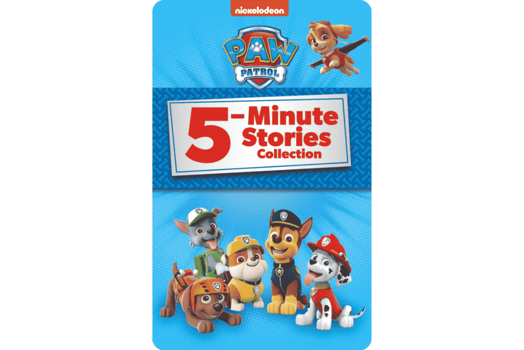 Yoto Card:  PAW Patrol 5-Minute Stories, 3 to 6 year olds, seven 5 minute stories, Stories include:  Marshall to the Rescue, High Flying Skye, Gold Rush Pups, Pup, Pup, and Away!, Chase’s Space Case, Pit Crew Pups, Rubble’s Big Wish, cards for yoto player, best-selling yoto cards, The Montessori Room, Toronto, Ontario, Canada. 